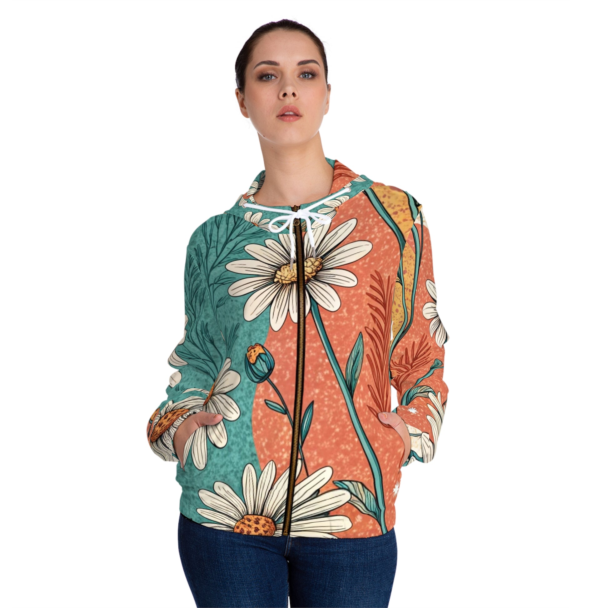 Retro Daisy Dream Women’s Full-Zip Hoodie (AOP), Artsulli - Art is Long, Life is Short, All Over Prints, , , , , , , 