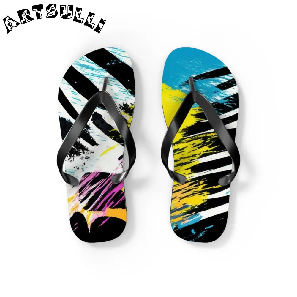 Zebra Stripes x Leopard Print x Paint Splatter Multi-Color Flip Flops, Artsulli - Art is Long, Life is Short, Shoes, Size, S, Color, Black sole, , , 17732063163786