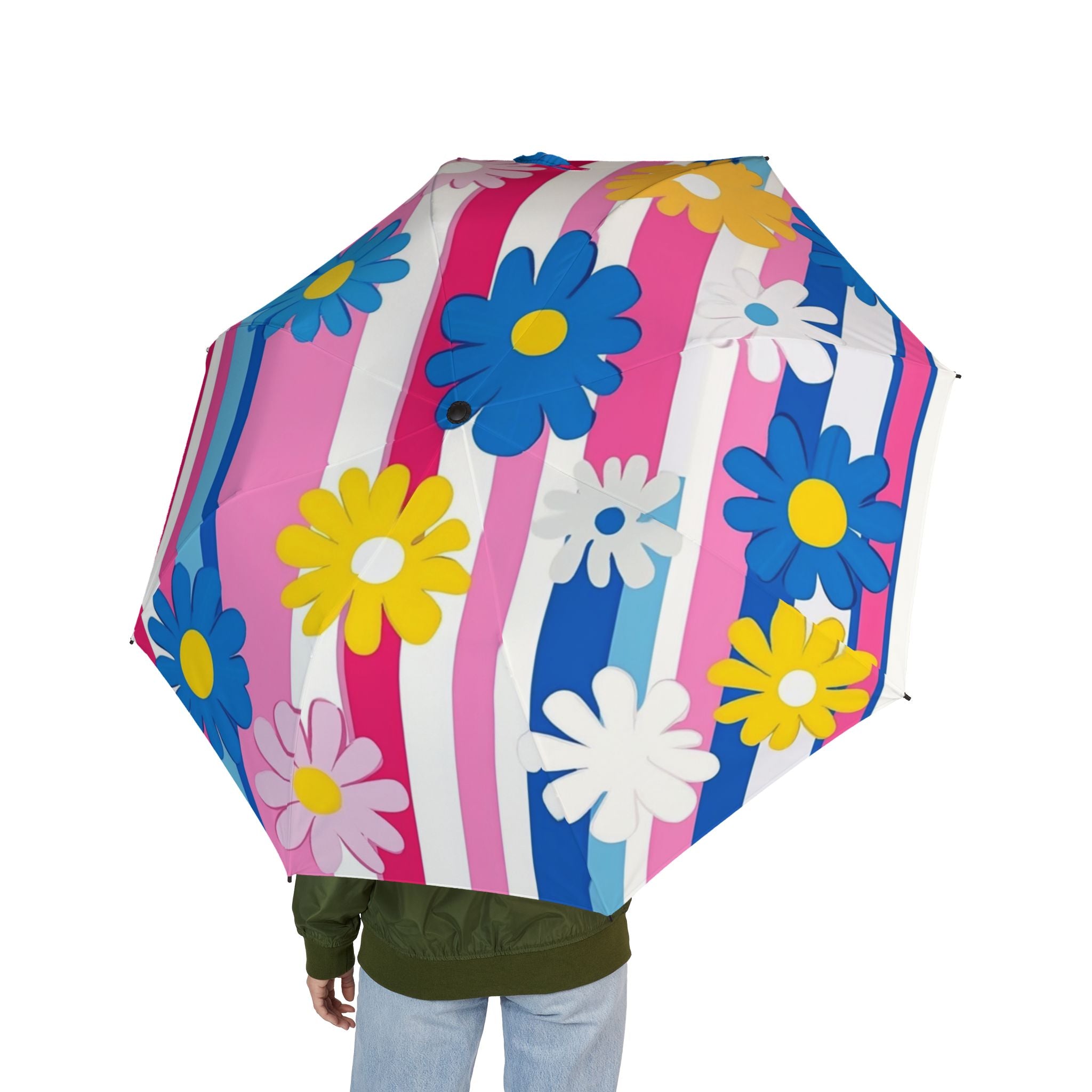 Flowers x Stripes Multi-Color Semi-Automatic Foldable Umbrella, Artsulli - Art is Long, Life is Short, Accessories, , , , , , , 