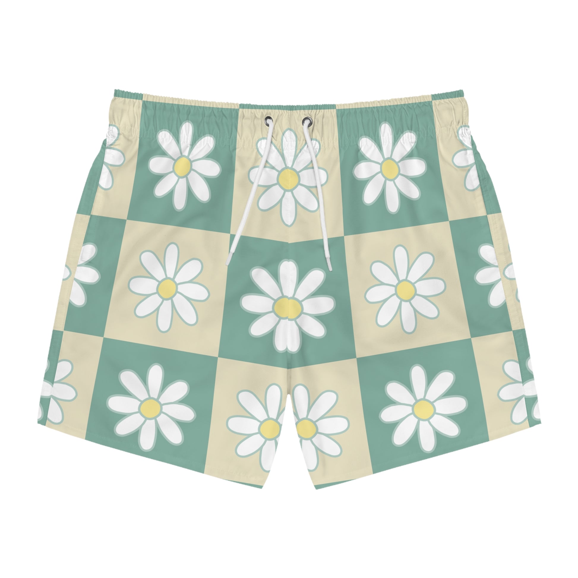 Retro Daisy Checkerboard Green and Tan Swim Trunks (AOP), Artsulli - Art is Long, Life is Short, All Over Prints, Size, XS, Color, Seam thread color automatically matched to design, , , 28558245244418795853