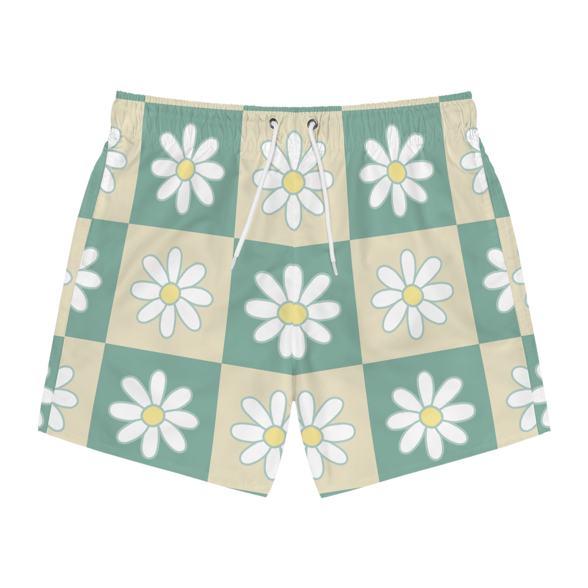 Retro Daisy Checkerboard Green and Tan Swim Trunks (AOP), Artsulli - Art is Long, Life is Short, All Over Prints, Size, XS, Color, Seam thread color automatically matched to design, , , 28558245244418795853