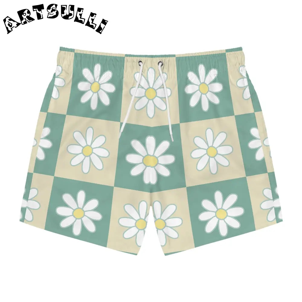 JAKKOUTTHEBXX Retro Daisy Checkerboard Green and Tan Swim Trunks