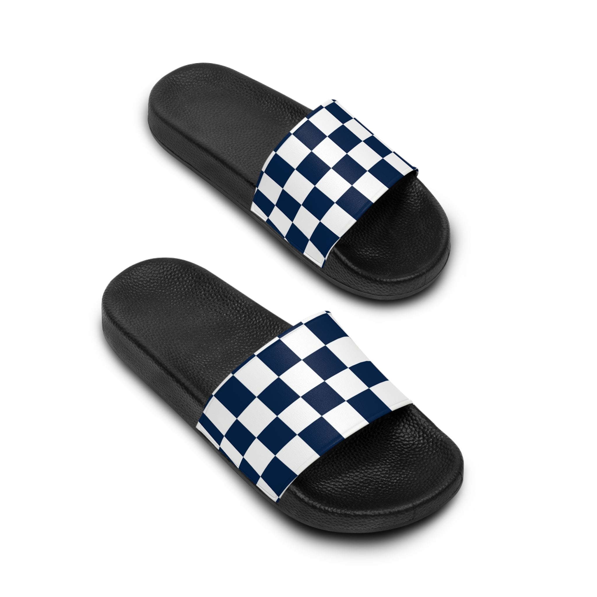 Checkerboard White and Navy Blue Women's Slide Sandals, Artsulli - Art is Long, Life is Short, Shoes, , , , , , , 