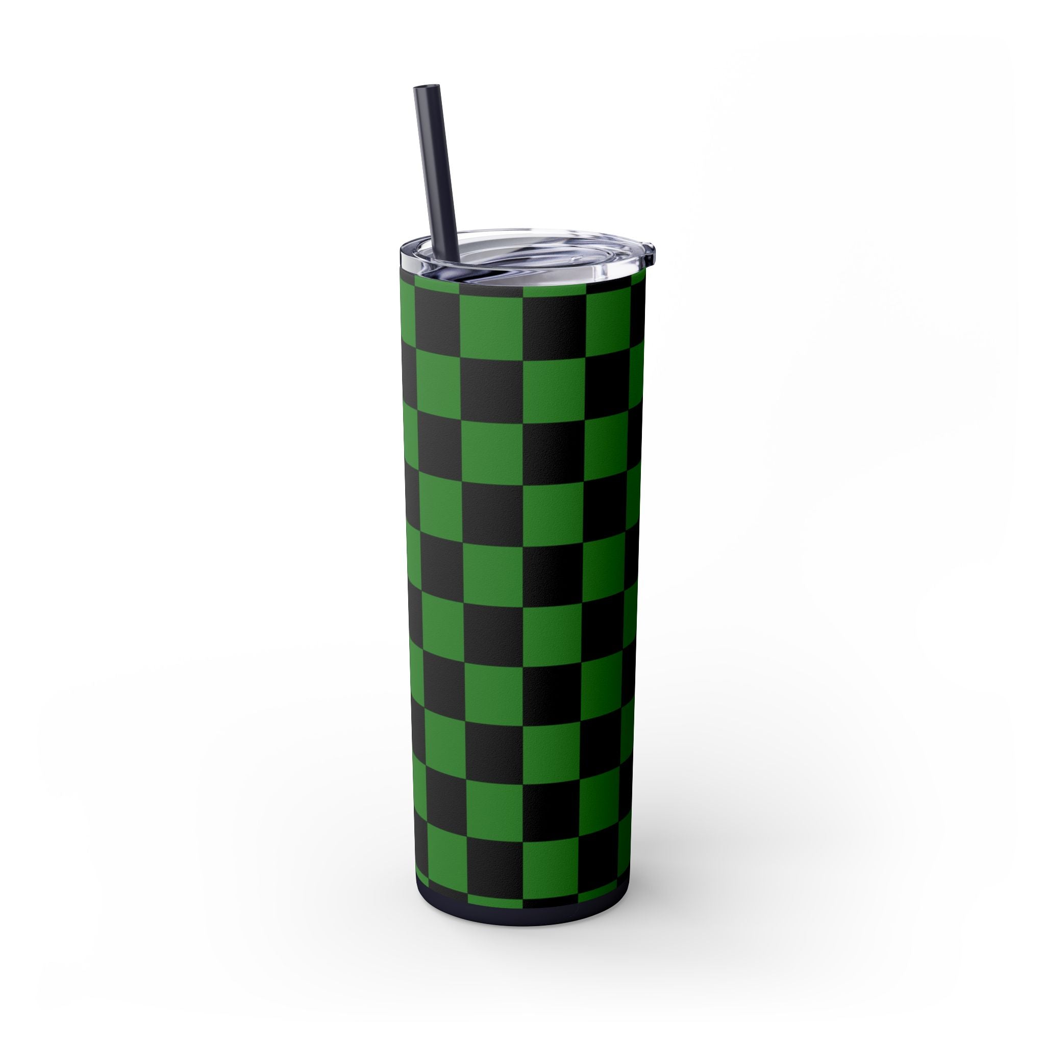 Checkerboard Green and Black Skinny Tumbler with Straw, 20oz, Artsulli - Art is Long, Life is Short, Mug, , , , , , , 