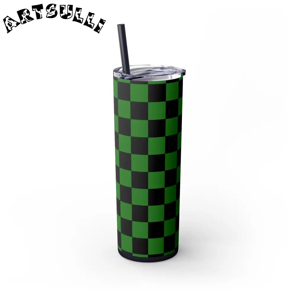 JAKKOUTTHEBXX Checkerboard Green and Black Skinny Tumbler with Straw