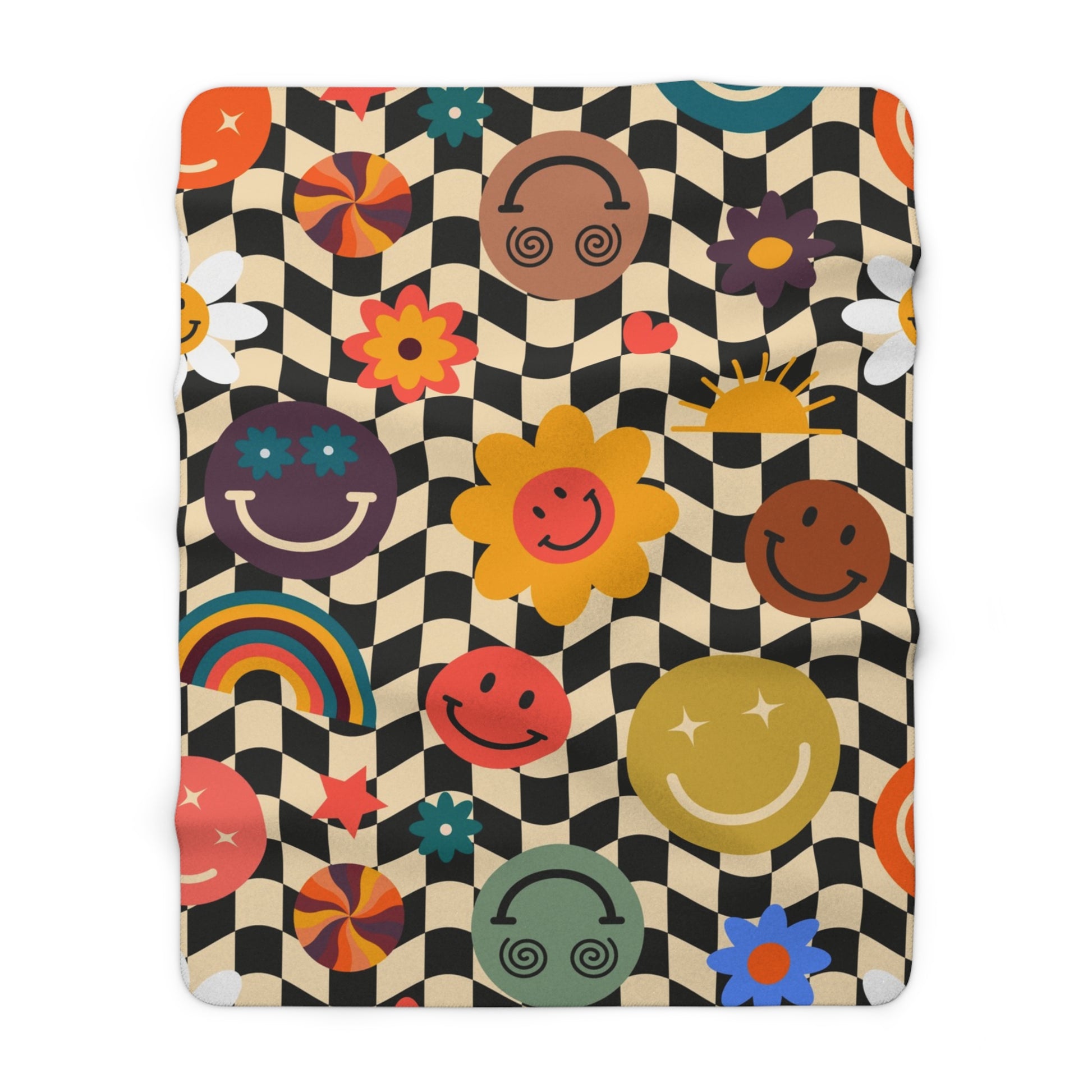 Trippy x Wavy Checkerboard x Smiley Face x Rainbow x Flowers Multi-Color Sherpa Fleece Blanket, Artsulli - Art is Long, Life is Short, Home Decor, Size, 60" × 80", , , , , 10996654900955988084