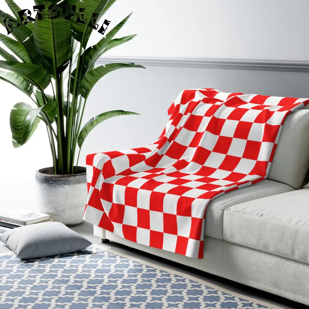 JAKKOUTTHEBXX Checkerboard Red and White Sherpa Fleece Blanket