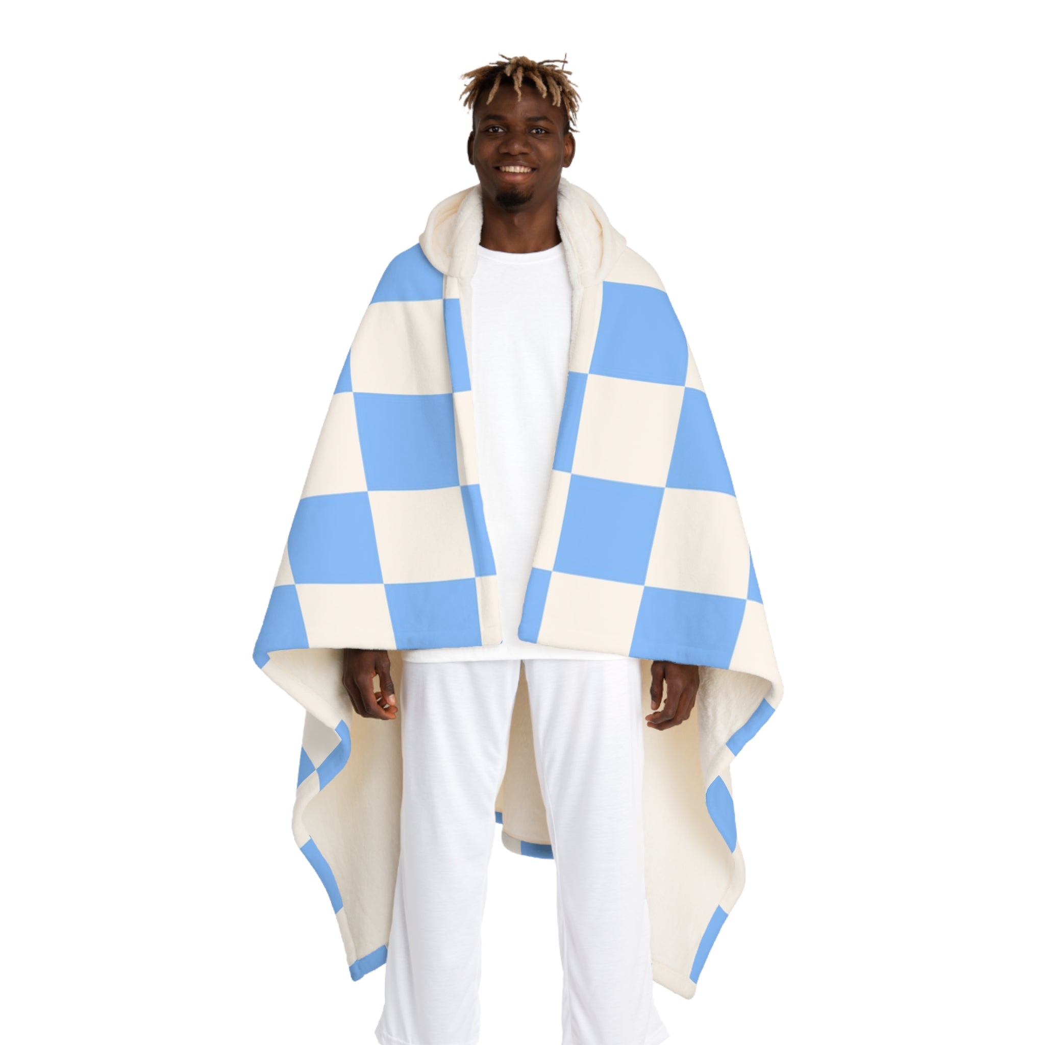 Checkerboard White and Light Blue Hooded Sherpa Fleece Blanket, Artsulli - Art is Long, Life is Short, All Over Prints, Size, One size, Color, Cream, , , 84119319512758283831