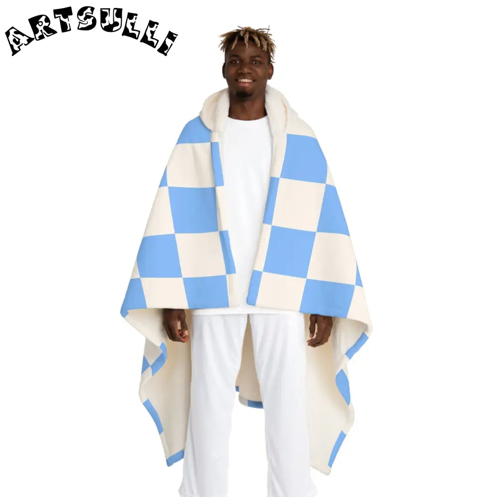 JAKKOUTTHEBXX Checkerboard White and Light Blue Hooded Sherpa Fleece