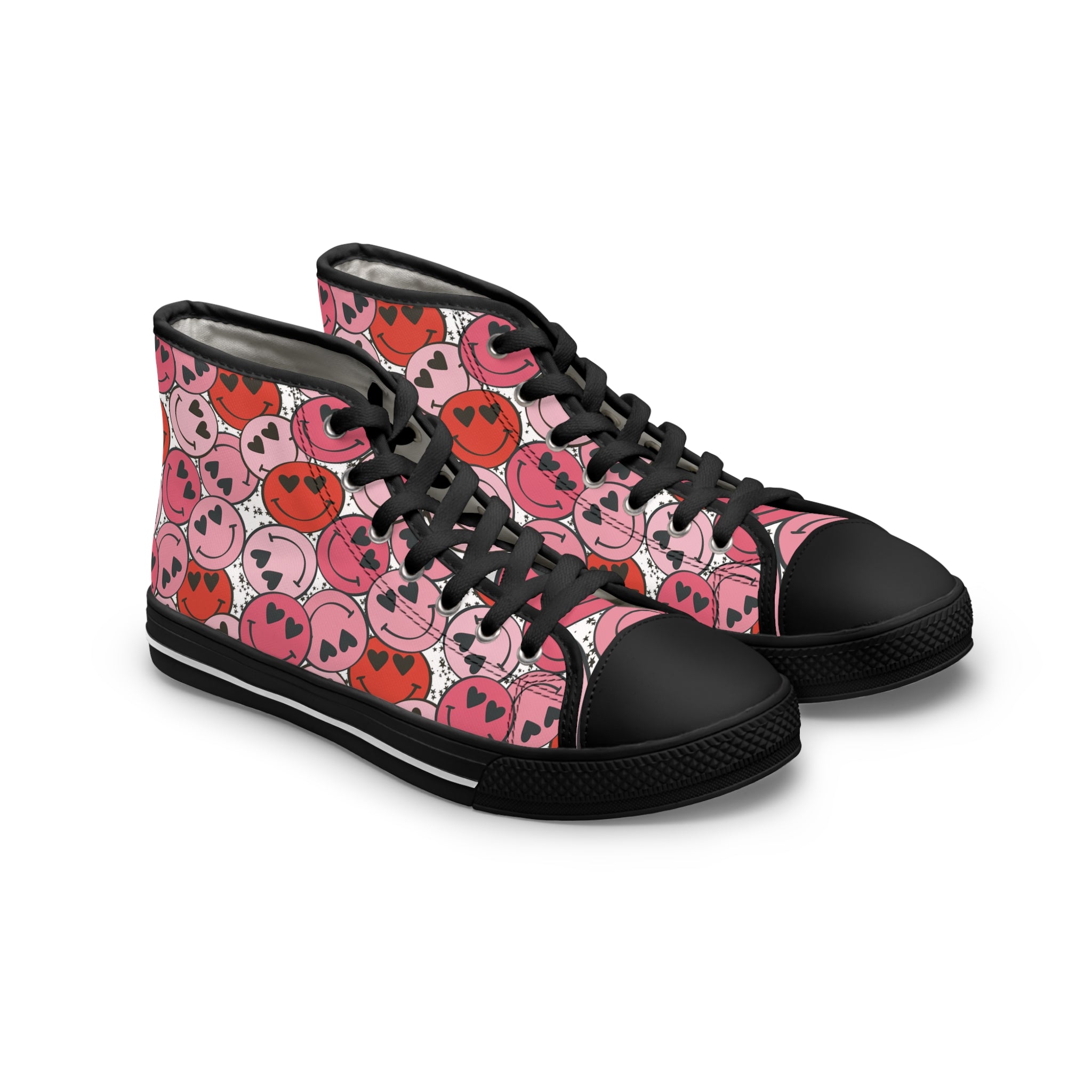 Smiley Face x Heart Eyes II Pink and Red Women's High Top Sneakers, Artsulli - Art is Long, Life is Short, Shoes, Size, US 5.5, Color, Black sole, , , 26743959789094015501