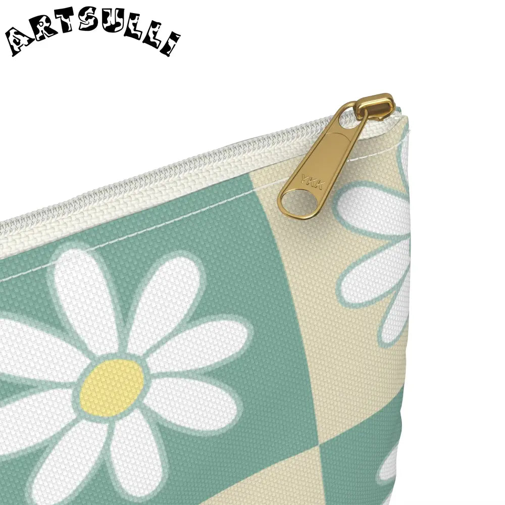 JAKKOUTTHEBXX Retro Daisy Checkerboard Green and Tan Accessory Pouch