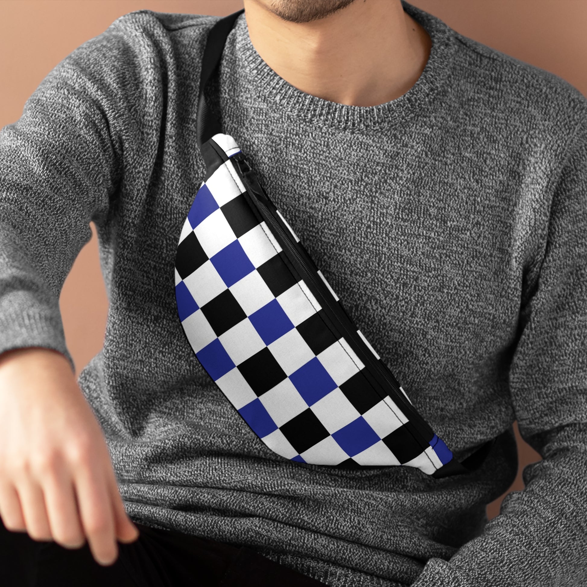 Checkerboard Blue White and Black Fanny Pack, Artsulli - Art is Long, Life is Short, Bags, , , , , , , 