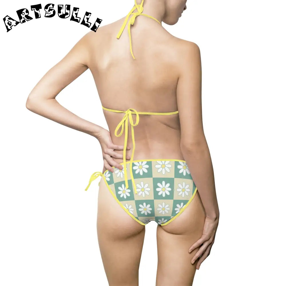 JAKKOUTTHEBXX Retro Daisy Checkerboard Green and Tan Women’s Bikini