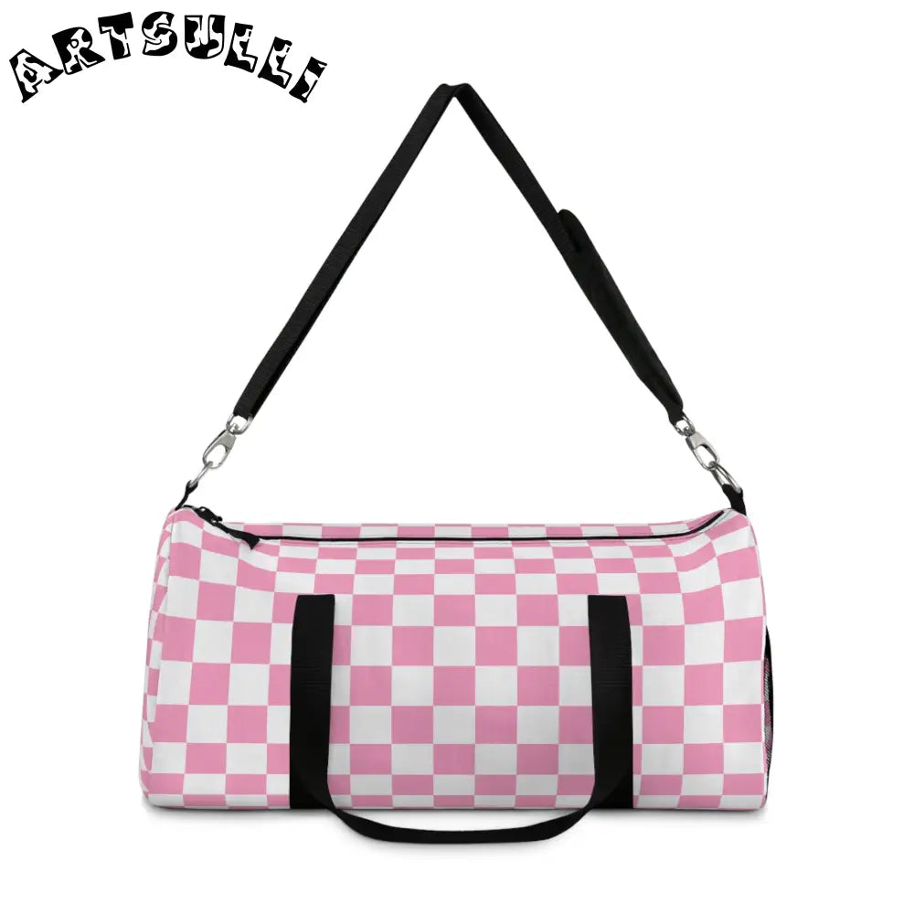 JAKKOUTTHEBXX Checkerboard II Hot Pink and White Duffel Bag