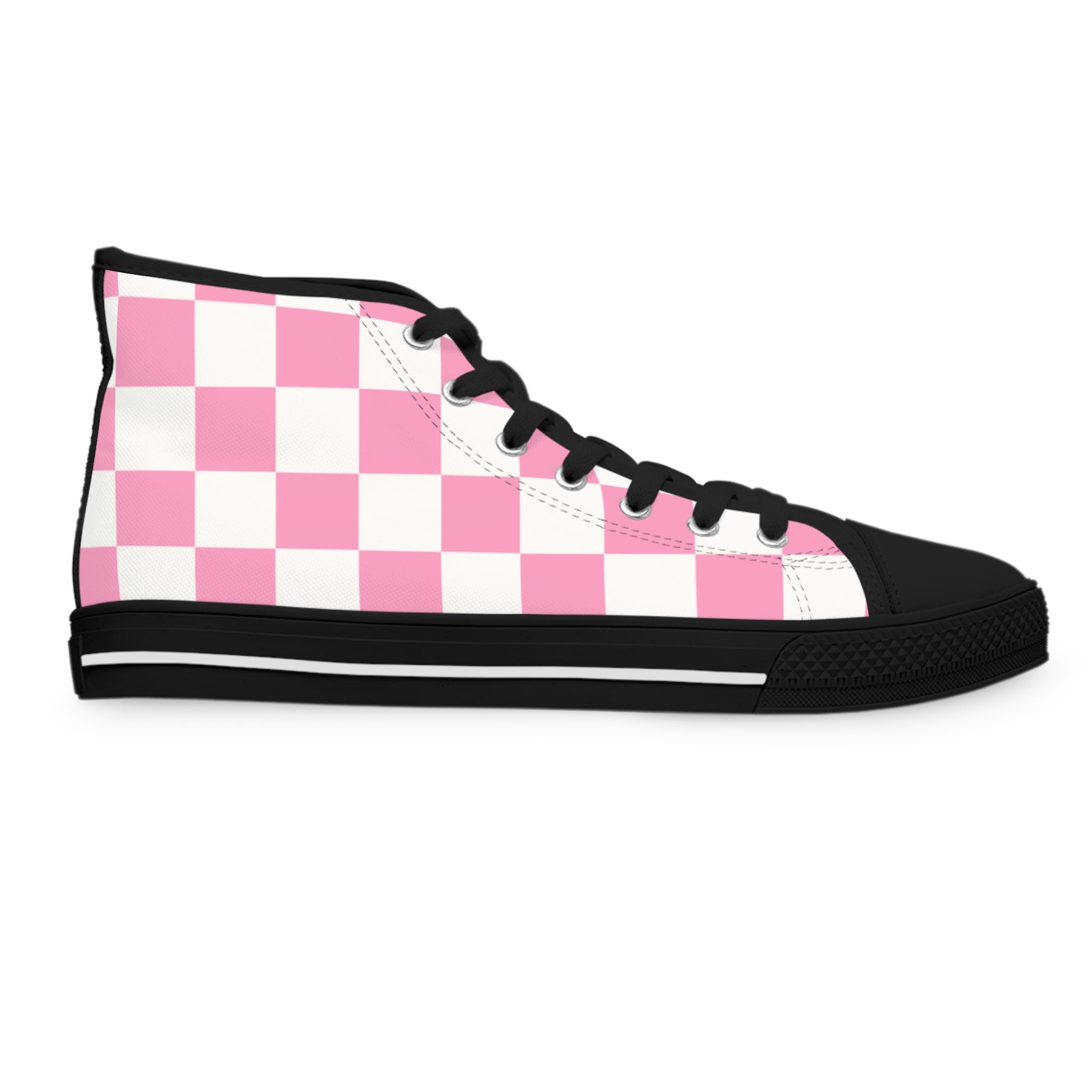 Checkerboard Hot Pink and White Women's High Top Sneakers, Artsulli - Art is Long, Life is Short, Shoes, , , , , , , 