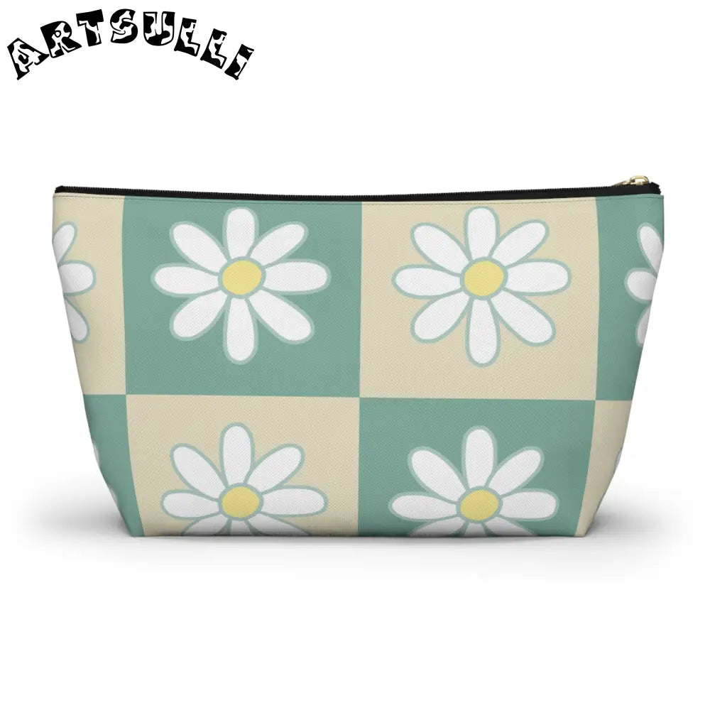 JAKKOUTTHEBXX Retro Daisy Checkerboard Green and Tan Accessory Pouch
