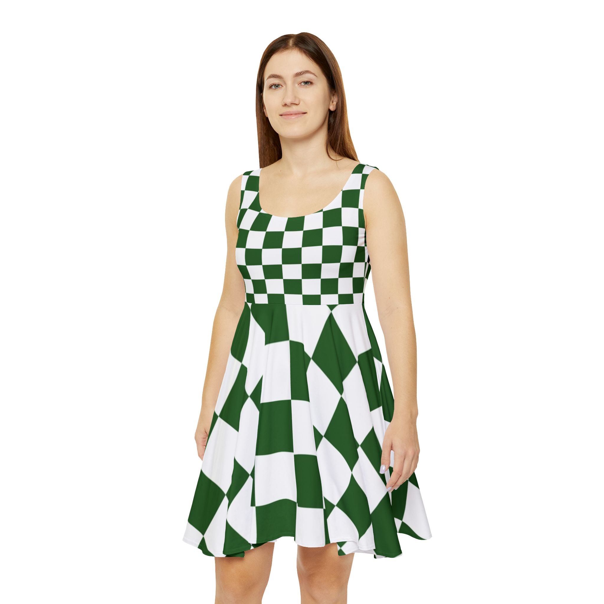 Checkerboard White and Dark Green Women's Skater Dress (AOP), Artsulli - Art is Long, Life is Short, All Over Prints, , , , , , , 
