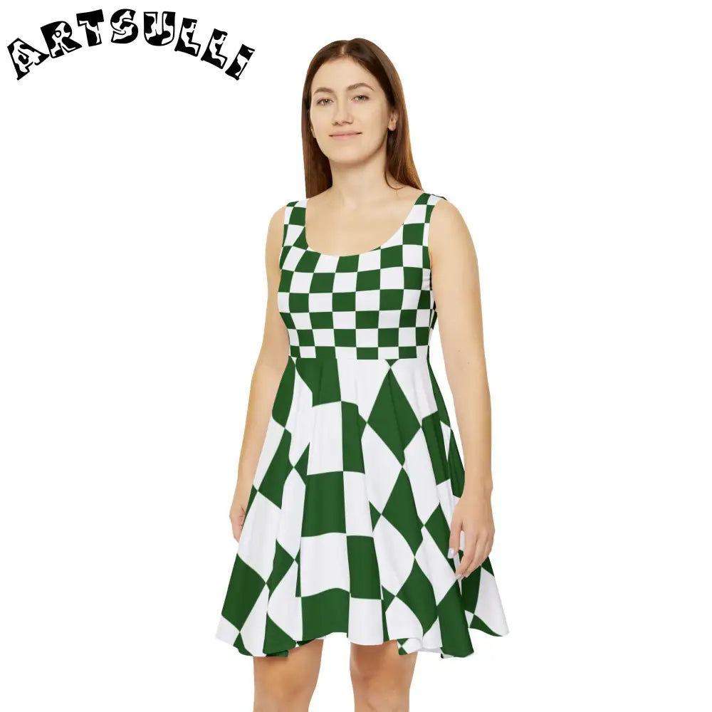 JAKKOUTTHEBXX Checkerboard White and Dark Green Women’s Skater Dress