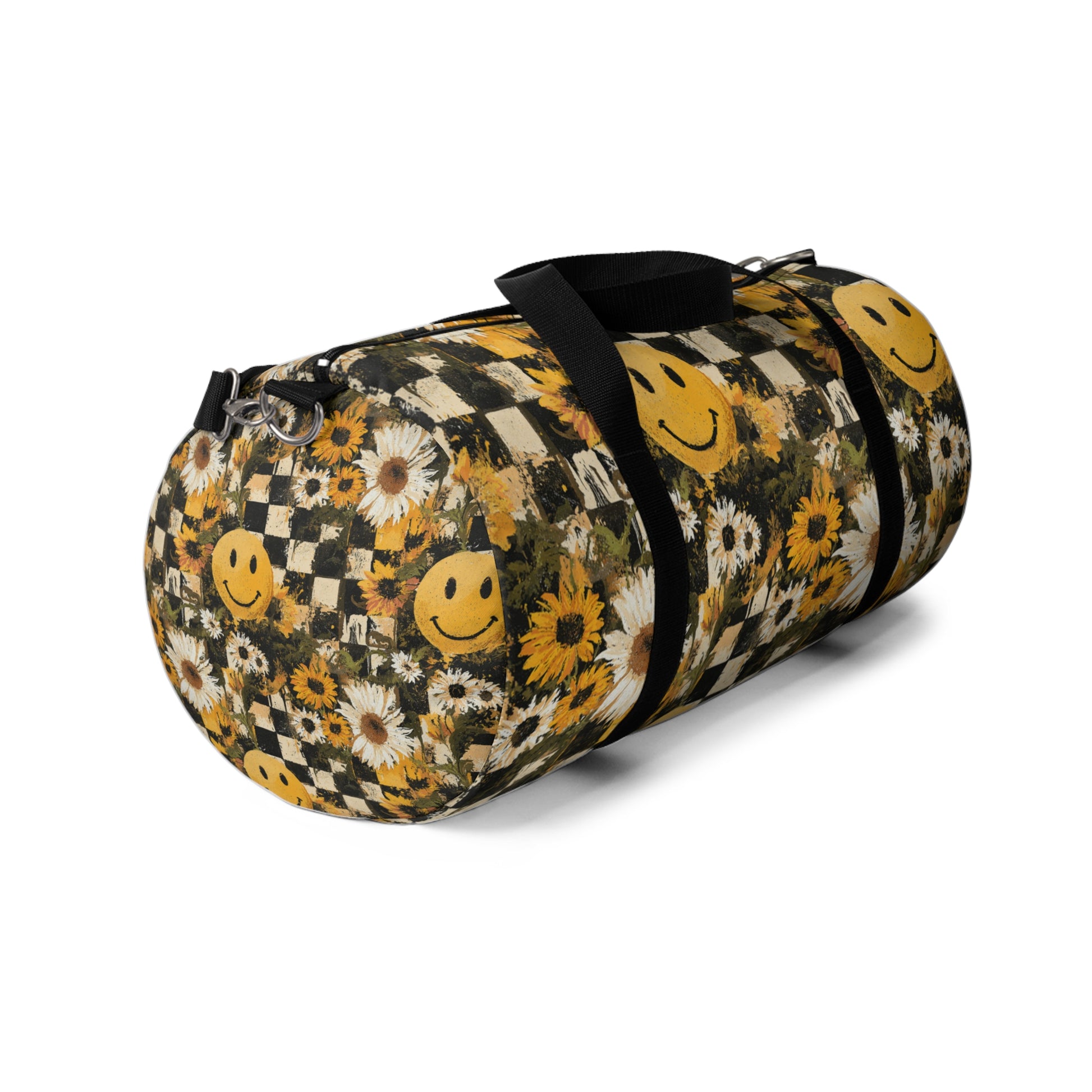 Smiley Face x Checkerboard x Sunflowers x Trippy x Vintage Black and Yellow Duffel Bag, Artsulli - Art is Long, Life is Short, Bags, , , , , , , 