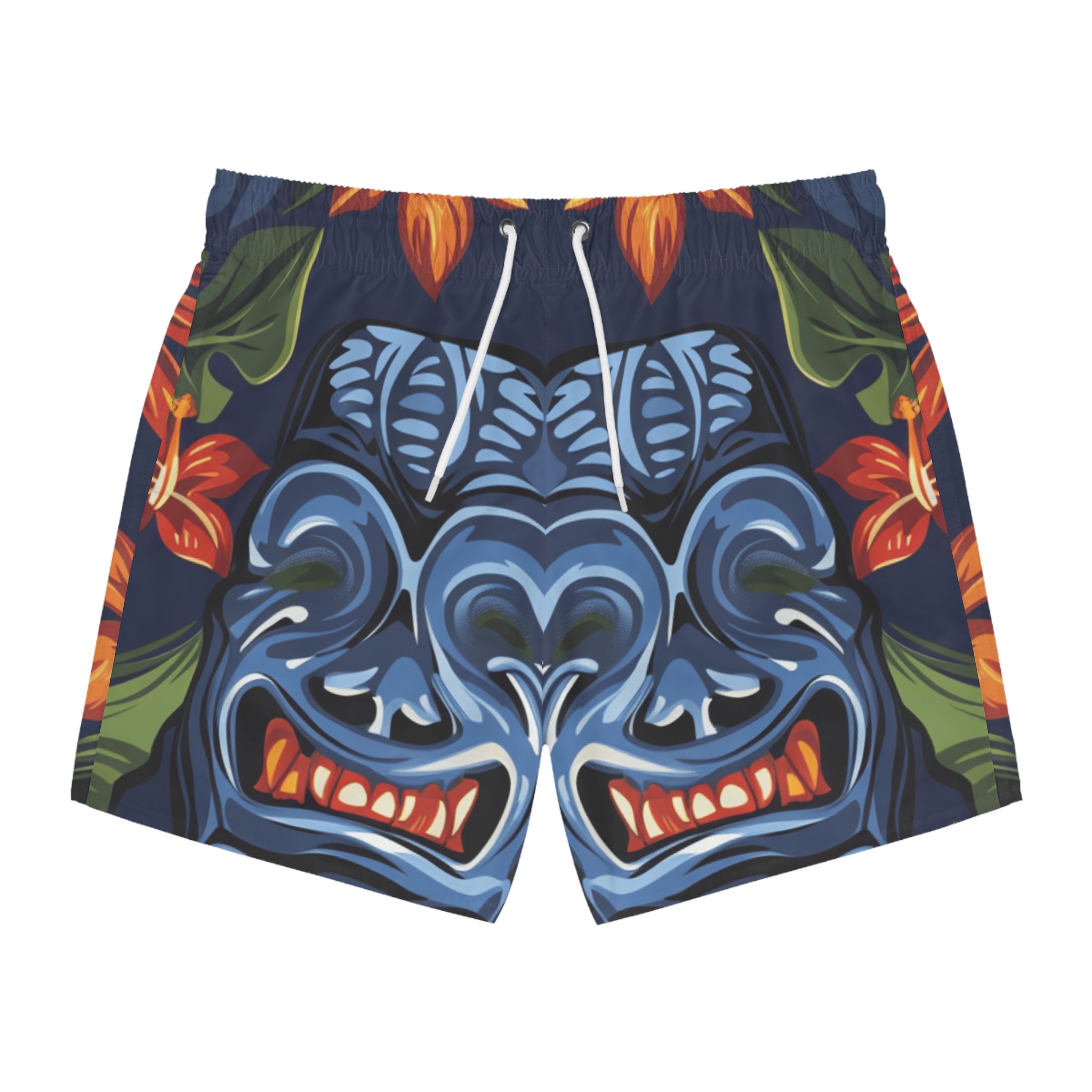 Tiki Bloom Navy Swim Trunks (AOP), Artsulli - Art is Long, Life is Short, All Over Prints, Size, XS, Color, Seam thread color automatically matched to design, , , 29567559502030069205