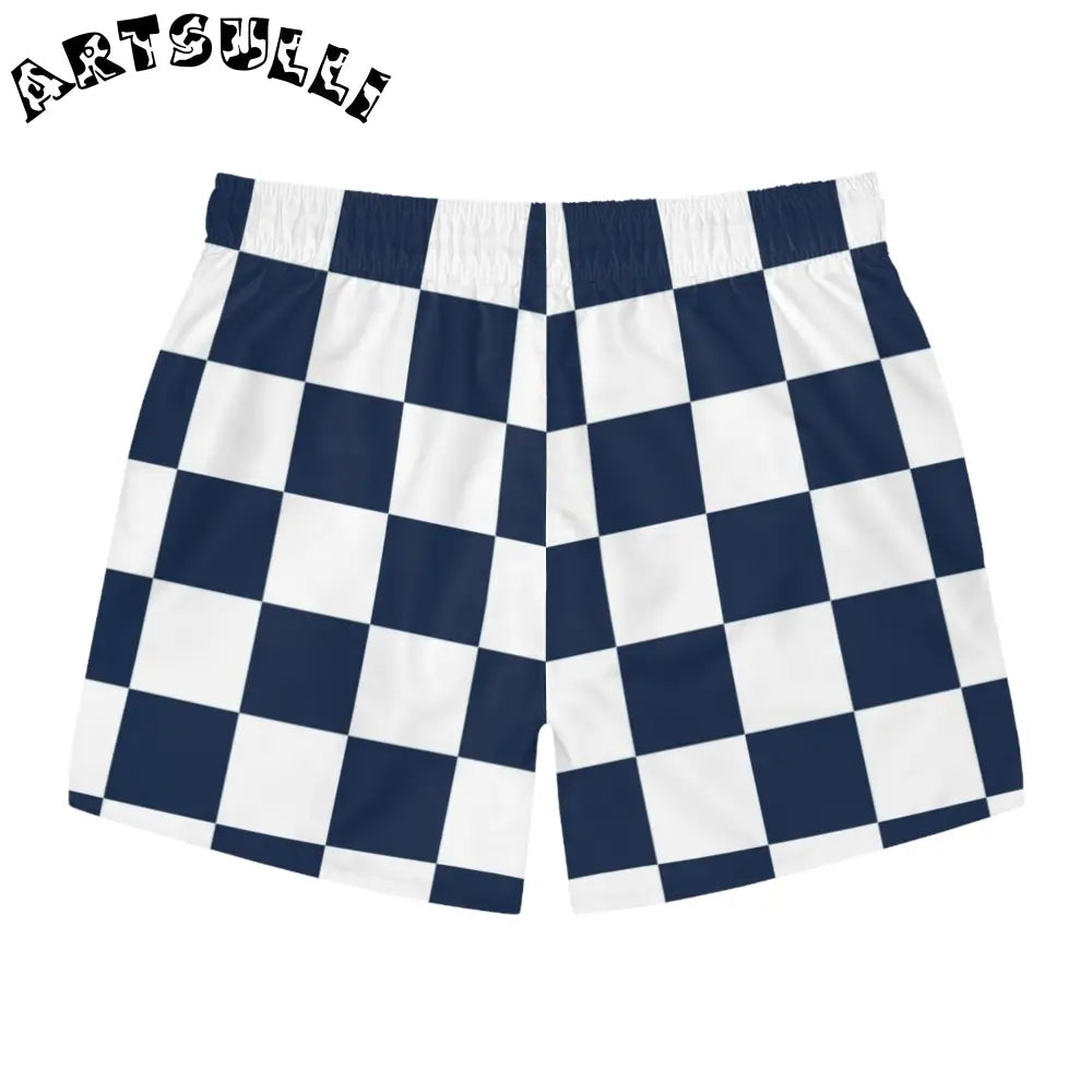 JAKKOUTTHEBXX Checkerboard White and Navy Blue Swim Trunks (AOP)