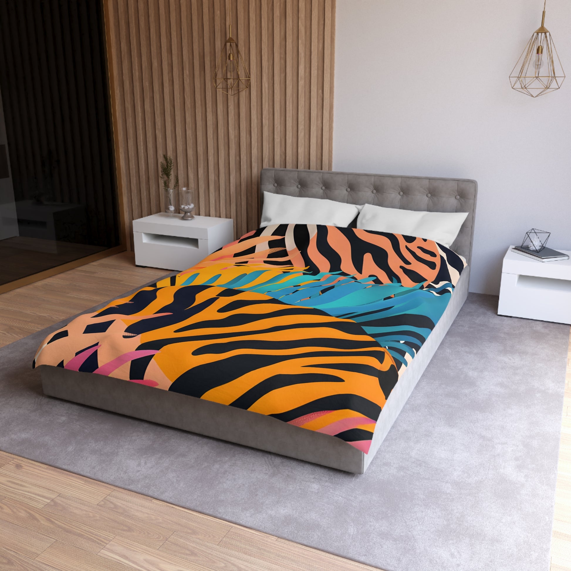 Palm Leaves x Zebra Stripes x  Tiger Stripes Orange and Blue  Microfiber Duvet Cover, Artsulli - Art is Long, Life is Short, Home Decor, , , , , , , 