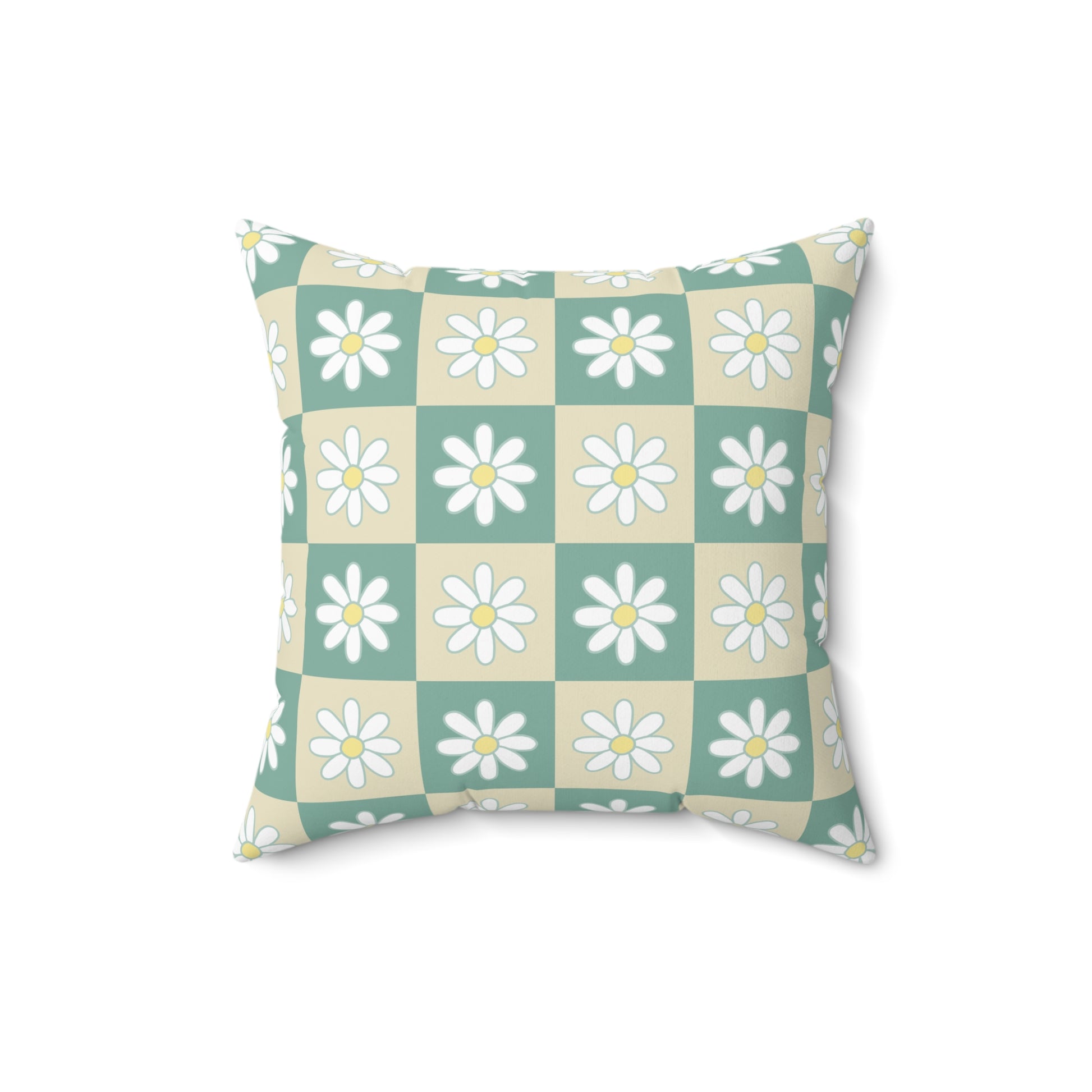 Retro Daisy Checkerboard Green and Tan Spun Polyester Square Pillow, Artsulli - Art is Long, Life is Short, Home Decor, Size, 16" × 16", , , , , 32953655365638871242