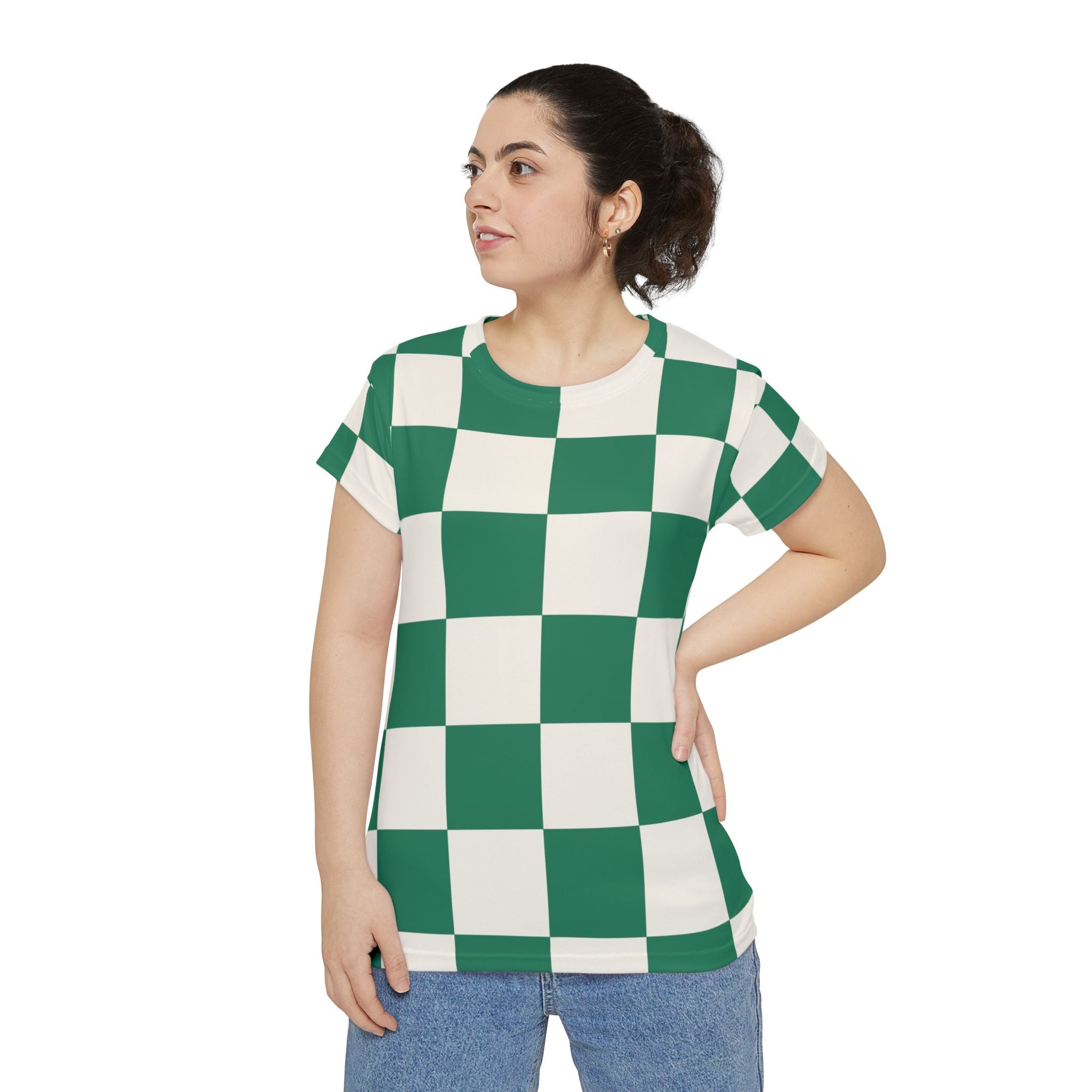 Checkerboard Dark Green Women's Short Sleeve Shirt (AOP), Artsulli - Art is Long, Life is Short, All Over Prints, , , , , , , 
