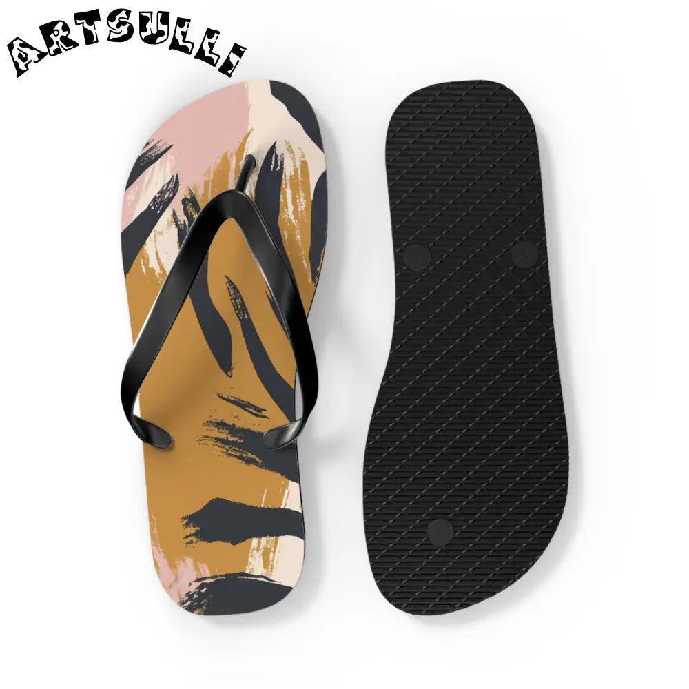 JAKKOUTTHEBXX Abstract zebra print flip flops in two color palettes