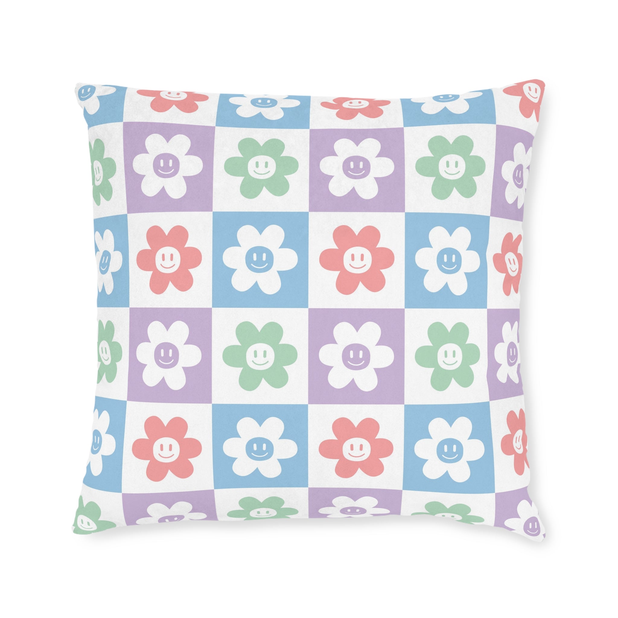 Chessboard x Smiley Face Flowers II Multi-Color  Square Pillow, Artsulli - Art is Long, Life is Short, Home Decor, Size, 22" × 22", , , , , 12878453184679680522