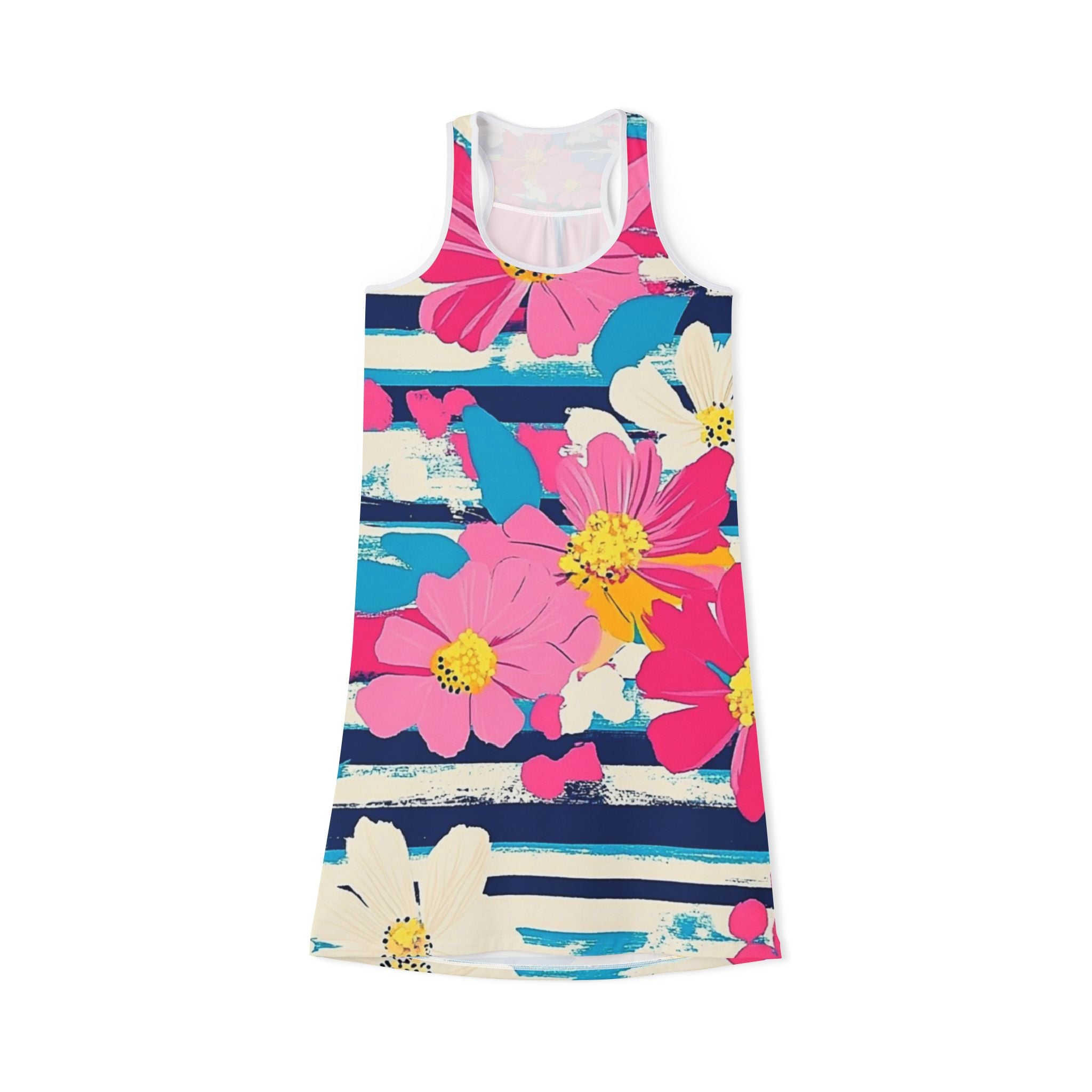 Dayglo Floral Stripes II Multi-Color Women's Racerback Dress (AOP), Artsulli - Art is Long, Life is Short, Tank Top, Size, XS, Color, White, , , 37987185164428