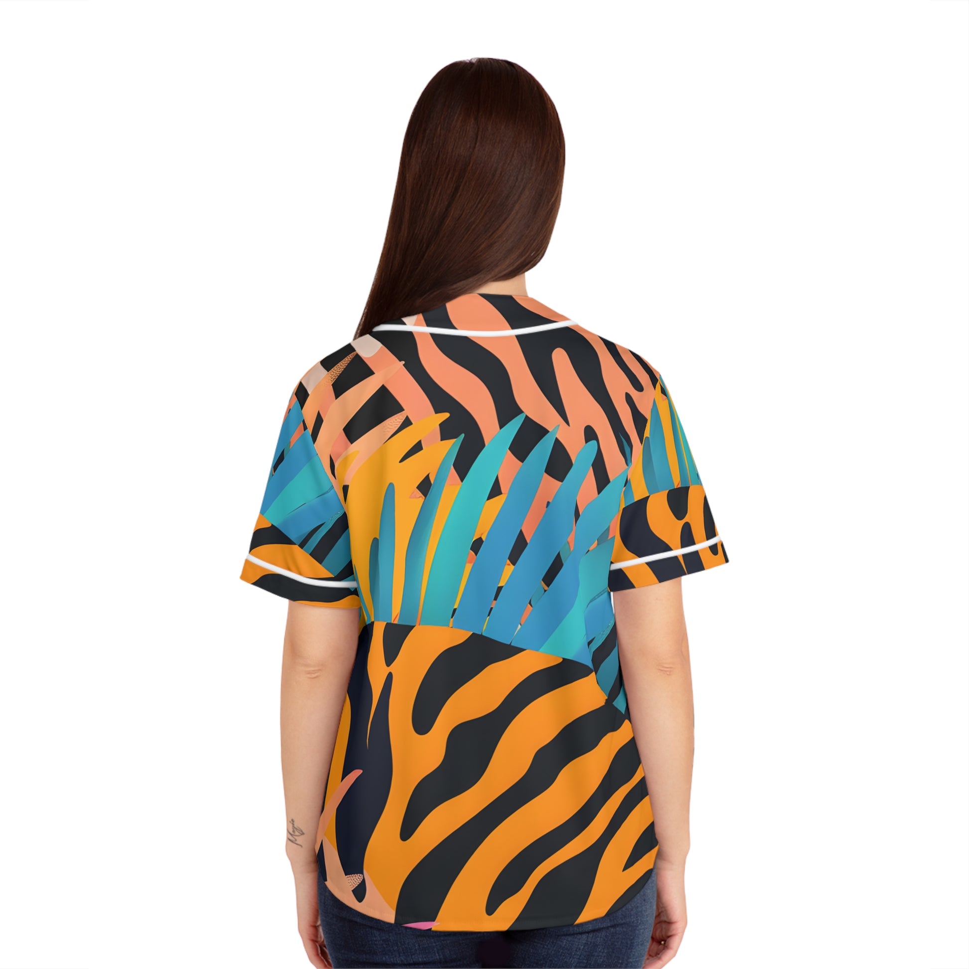 Palm Leaves x Zebra Stripes x  Tiger Stripes Orange and Blue  Women's Baseball Jersey (AOP), Artsulli - Art is Long, Life is Short, All Over Prints, , , , , , , 