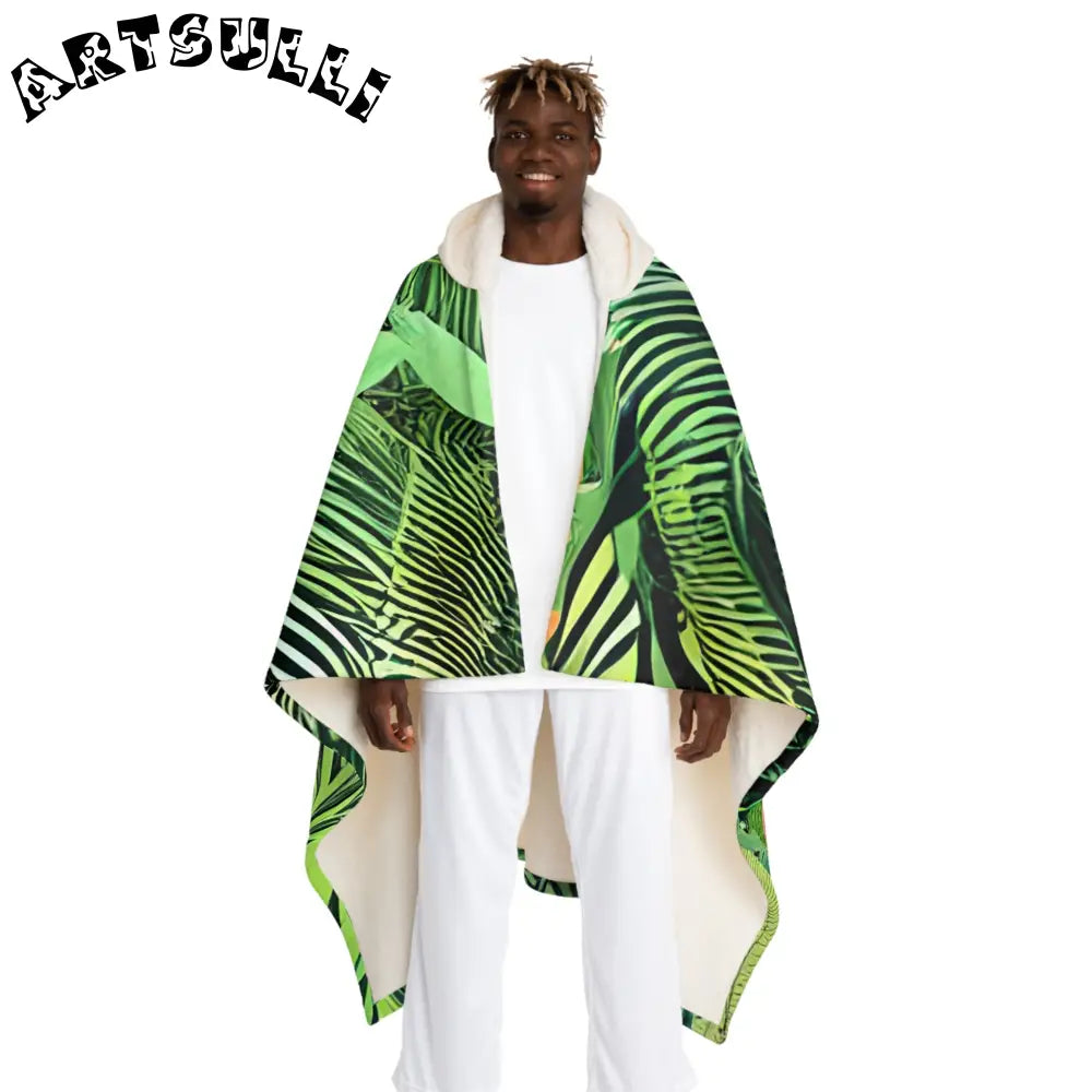 JAKKOUTTHEBXX Vibrant Green Tropical Leaf Sherpa Fleece Poncho