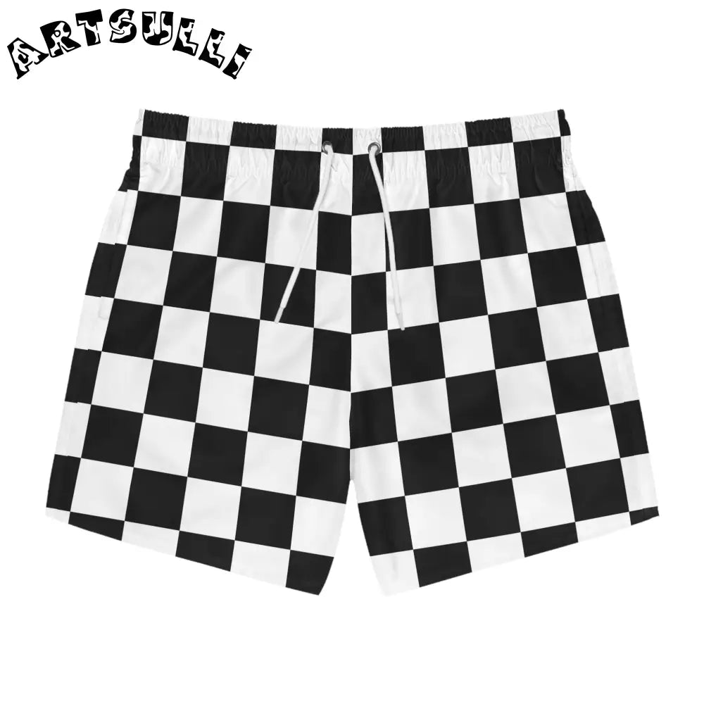 JAKKOUTTHEBXX Checkerboard Black and White Swim Trunks (AOP)