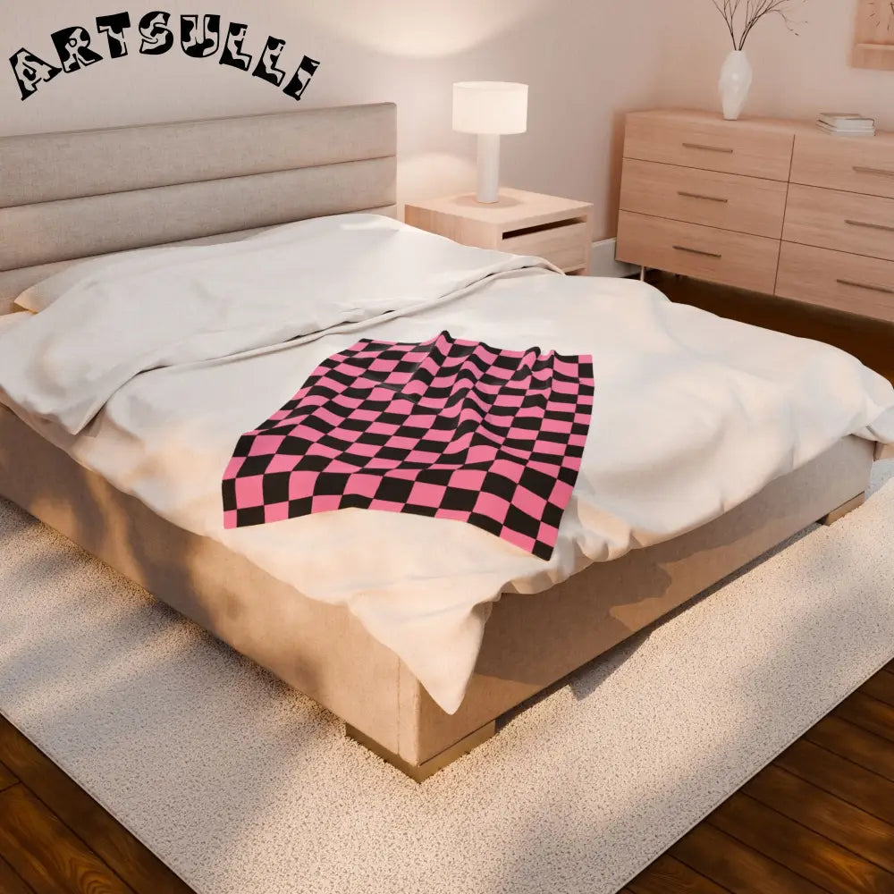 JAKKOUTTHEBXX Checkerboard Black and Pink Velveteen Plush Blanket