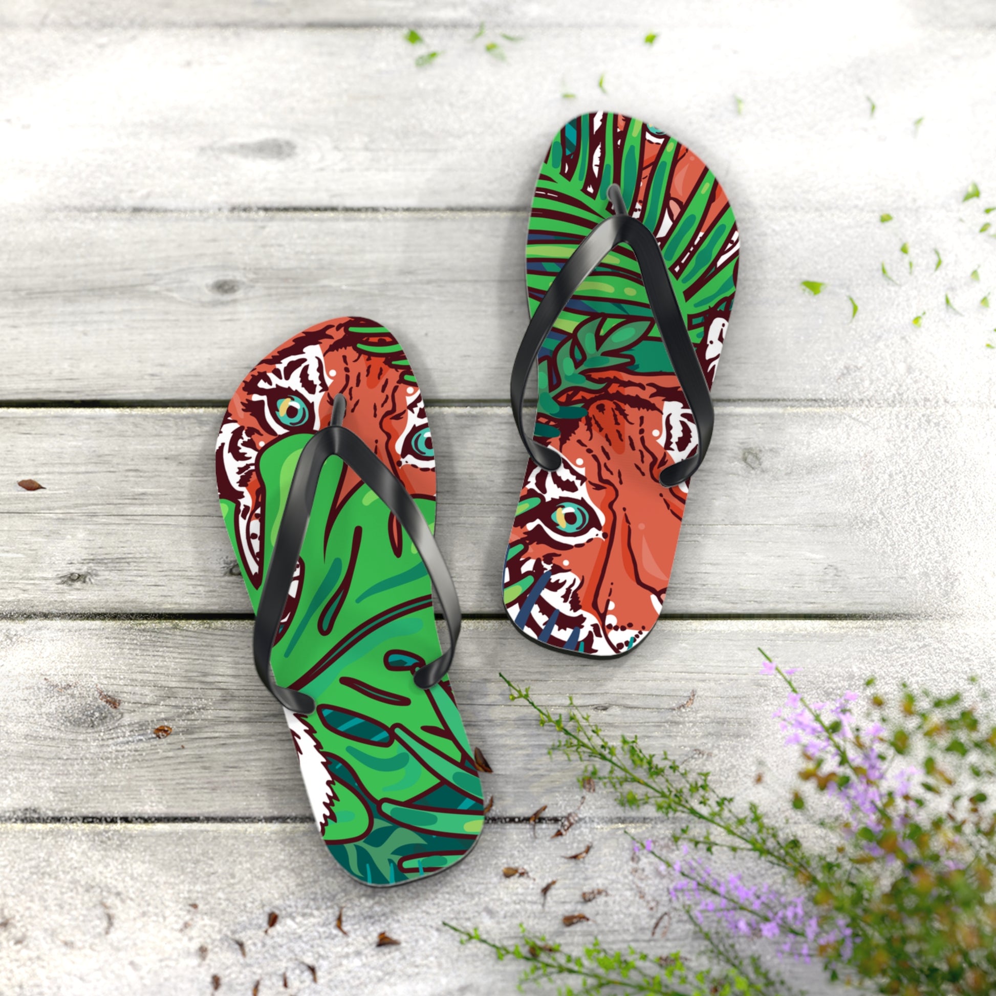 Tropical Jungle Tigers Blue and Green Flip Flops, Artsulli - Art is Long, Life is Short, Shoes, , , , , , , 
