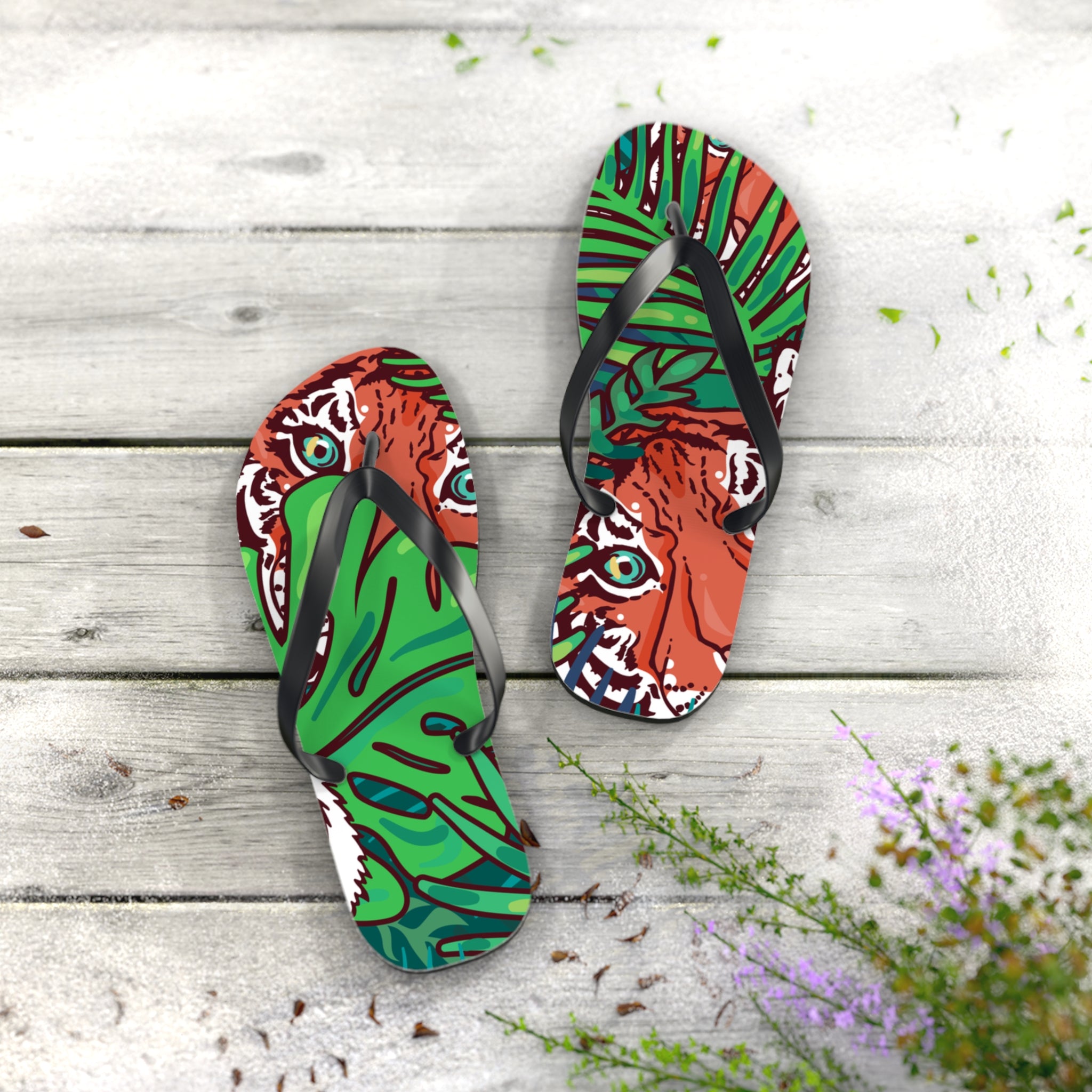 Tropical Jungle Tigers Blue and Green Flip Flops, Artsulli - Art is Long, Life is Short, Shoes, , , , , , , 