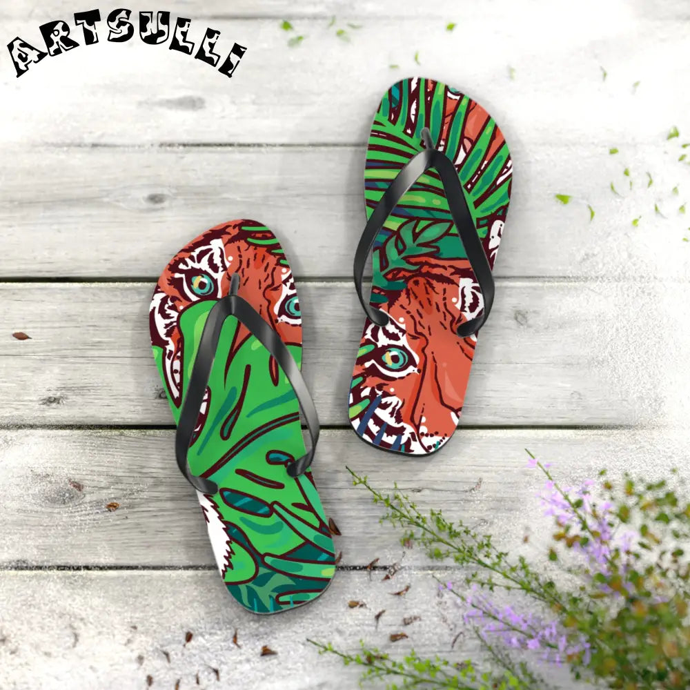 JAKKOUTTHEBXX Tropical Jungle Tigers Blue and Green Flip Flops