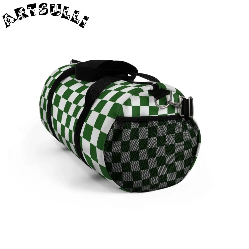 JAKKOUTTHEBXX Checkerboard II White and Dark Green Duffel Bag