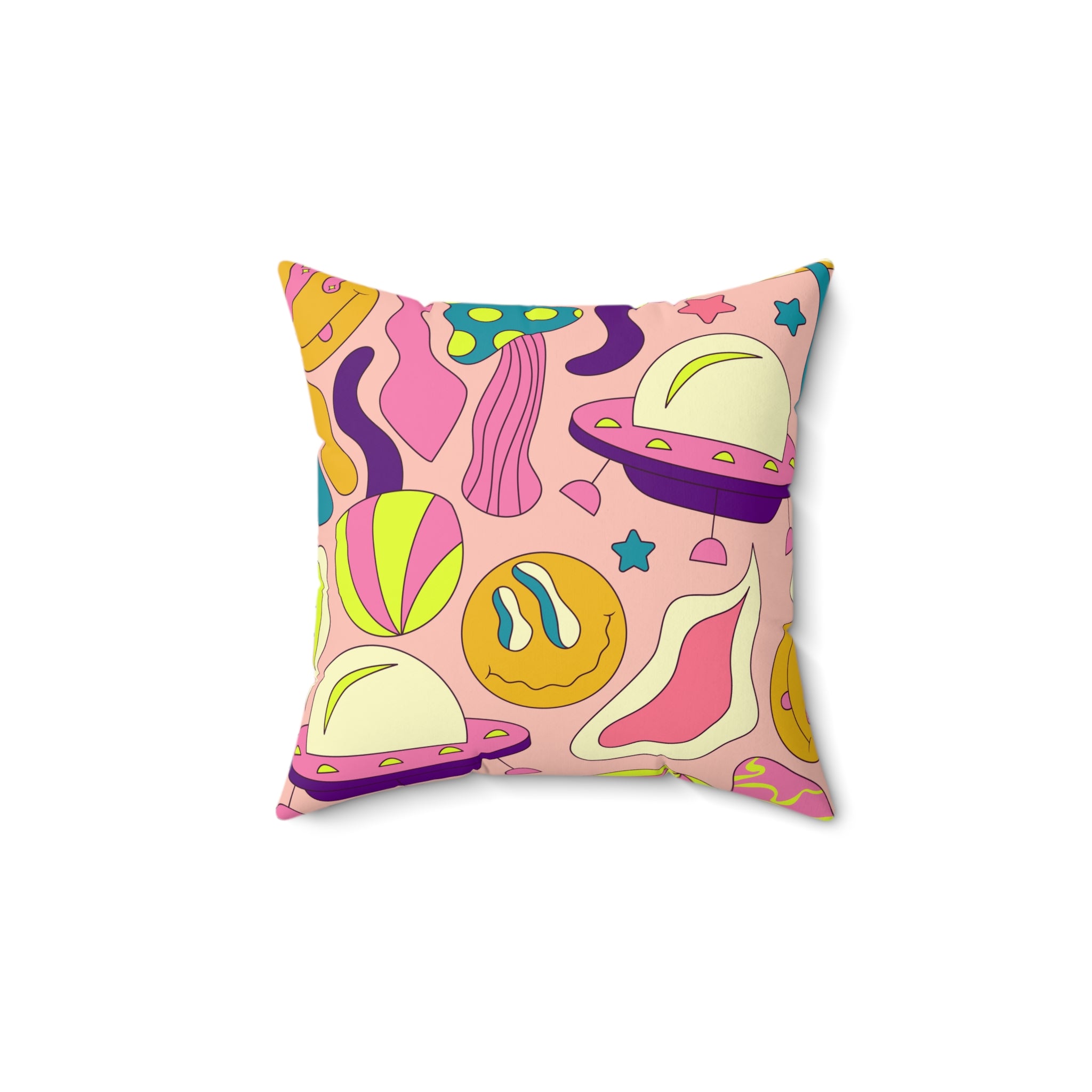 Trippy Spaceships Pink Spun Polyester Square Pillow, Artsulli - Art is Long, Life is Short, Home Decor, Size, 14" × 14", , , , , 14053283448873