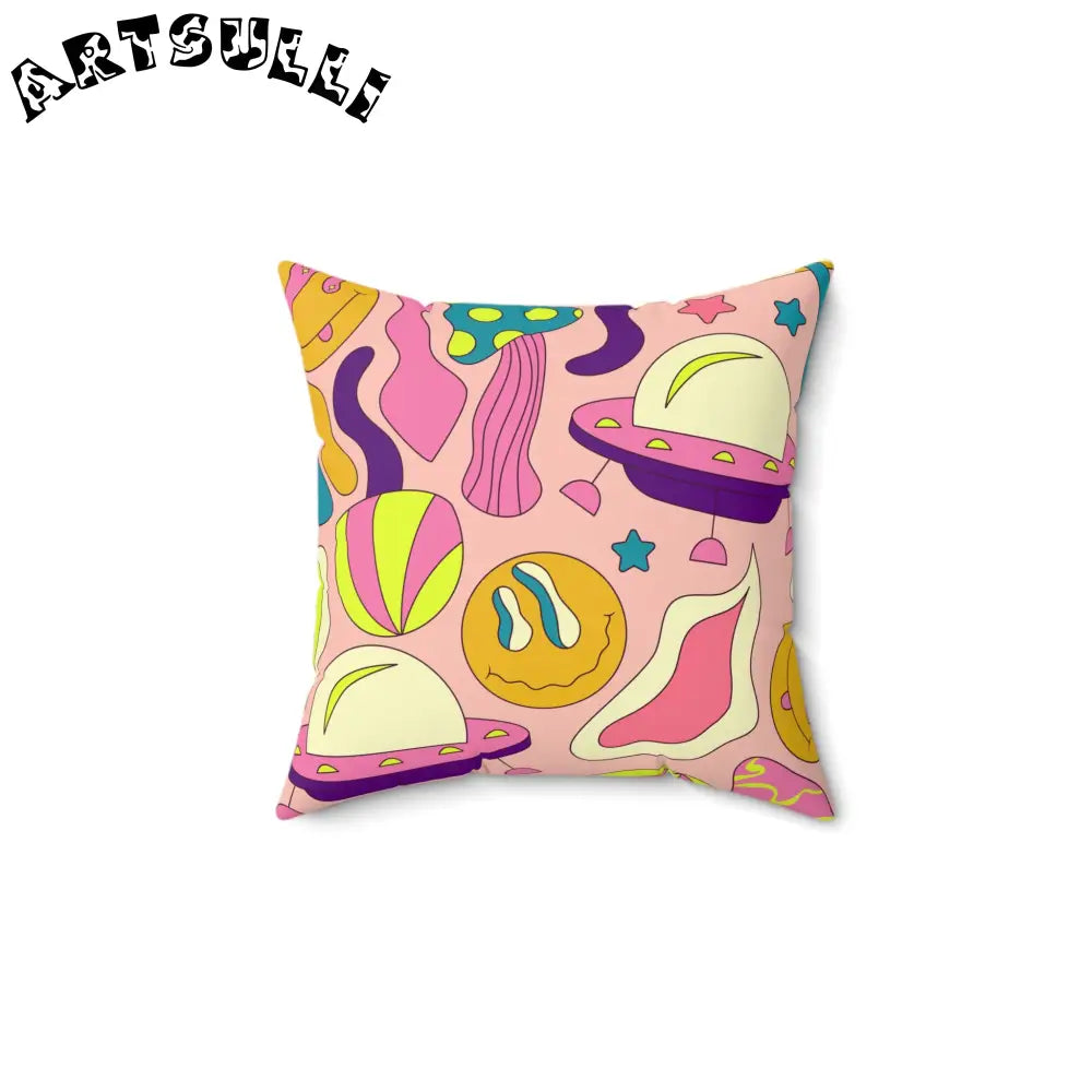 JAKKOUTTHEBXX Trippy Spaceships Pink Spun Polyester Square Pillow