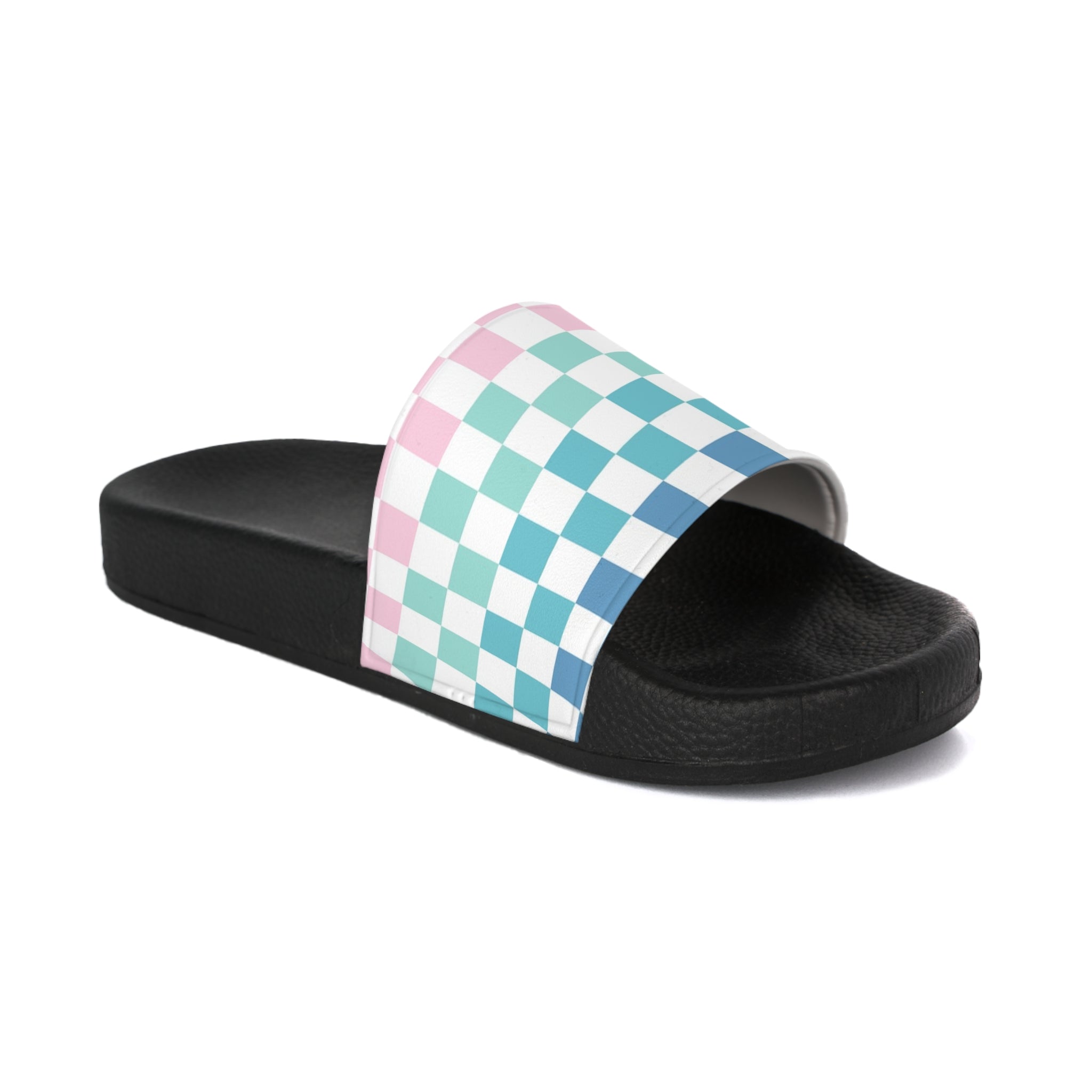 Vaporwave Rainbow  Checkerboard Multi-Color Women's Slide Sandals, Artsulli - Art is Long, Life is Short, Shoes, Color, Black sole, Size, US 5, , , 17614624260755462900