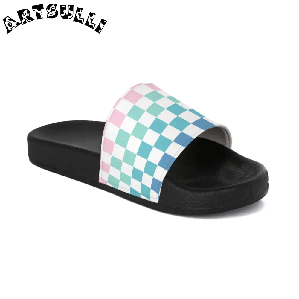 Vaporwave Rainbow  Checkerboard Multi-Color Women's Slide Sandals, Artsulli - Art is Long, Life is Short, Shoes, Color, Black sole, Size, US 5, , , 17614624260755462900