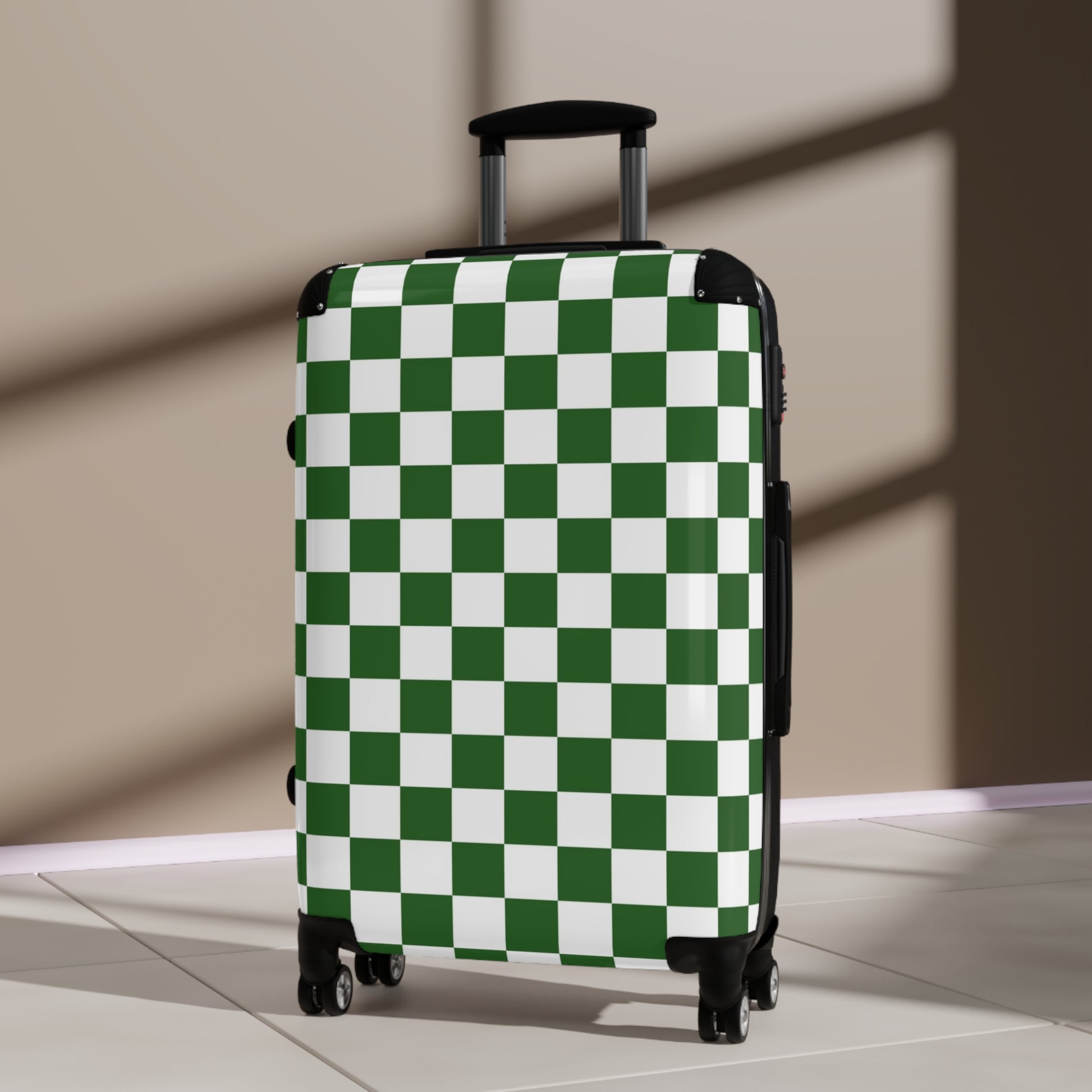 Checkerboard White and Dark Green Suitcase, Artsulli - Art is Long, Life is Short, Bags, , , , , , , 