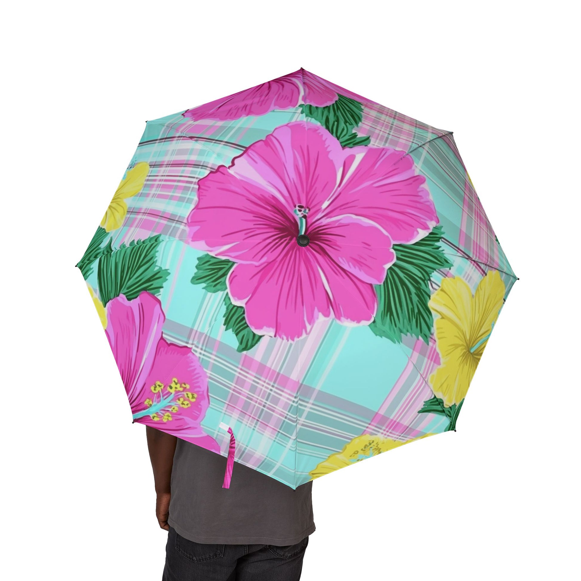 Plaid Hibiscus Pink and Yellow Semi-Automatic Foldable Umbrella, Artsulli - Art is Long, Life is Short, Accessories, , , , , , , 