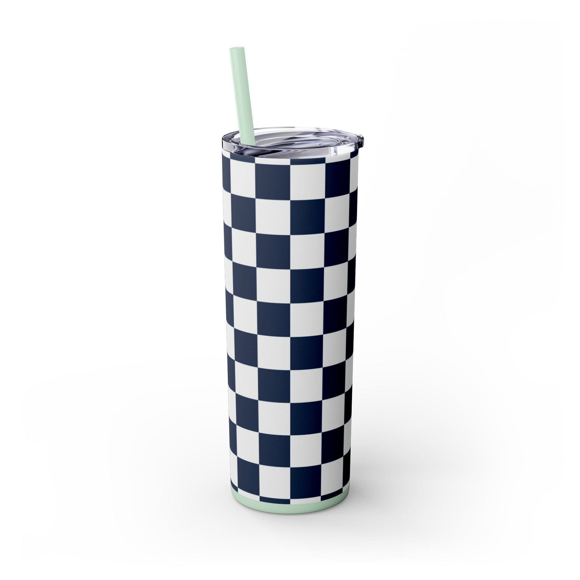 Checkerboard White and Navy Blue Skinny Tumbler with Straw, 20oz, Artsulli - Art is Long, Life is Short, Mug, , , , , , , 