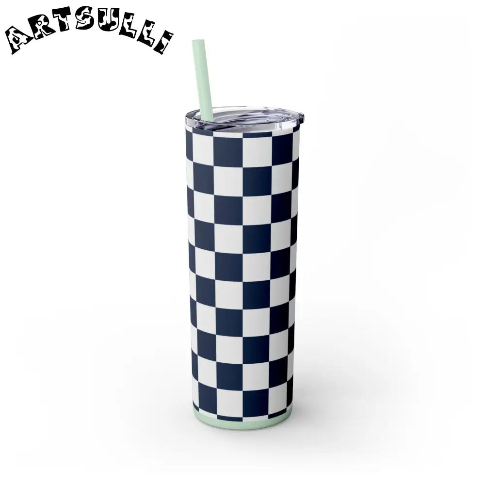 JAKKOUTTHEBXX Checkerboard White and Navy Blue Skinny Tumbler