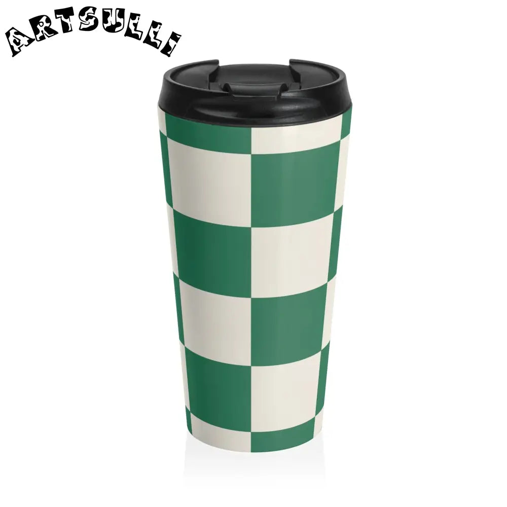 JAKKOUTTHEBXX Checkerboard Dark Green Stainless Steel Travel Mug