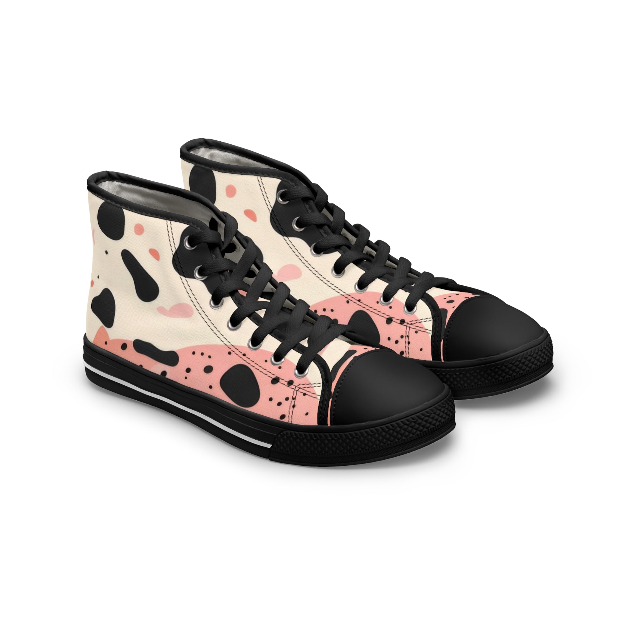 Organic Cow Print Cream and Pink Women's High Top Sneakers, Artsulli - Art is Long, Life is Short, Shoes, Size, US 5.5, Color, Black sole, , , 12871027365033177682