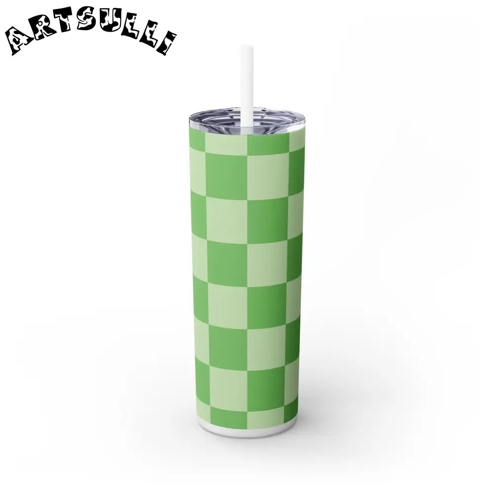 JAKKOUTTHEBXX Checkerboard Green Skinny Tumbler with Straw 20oz
